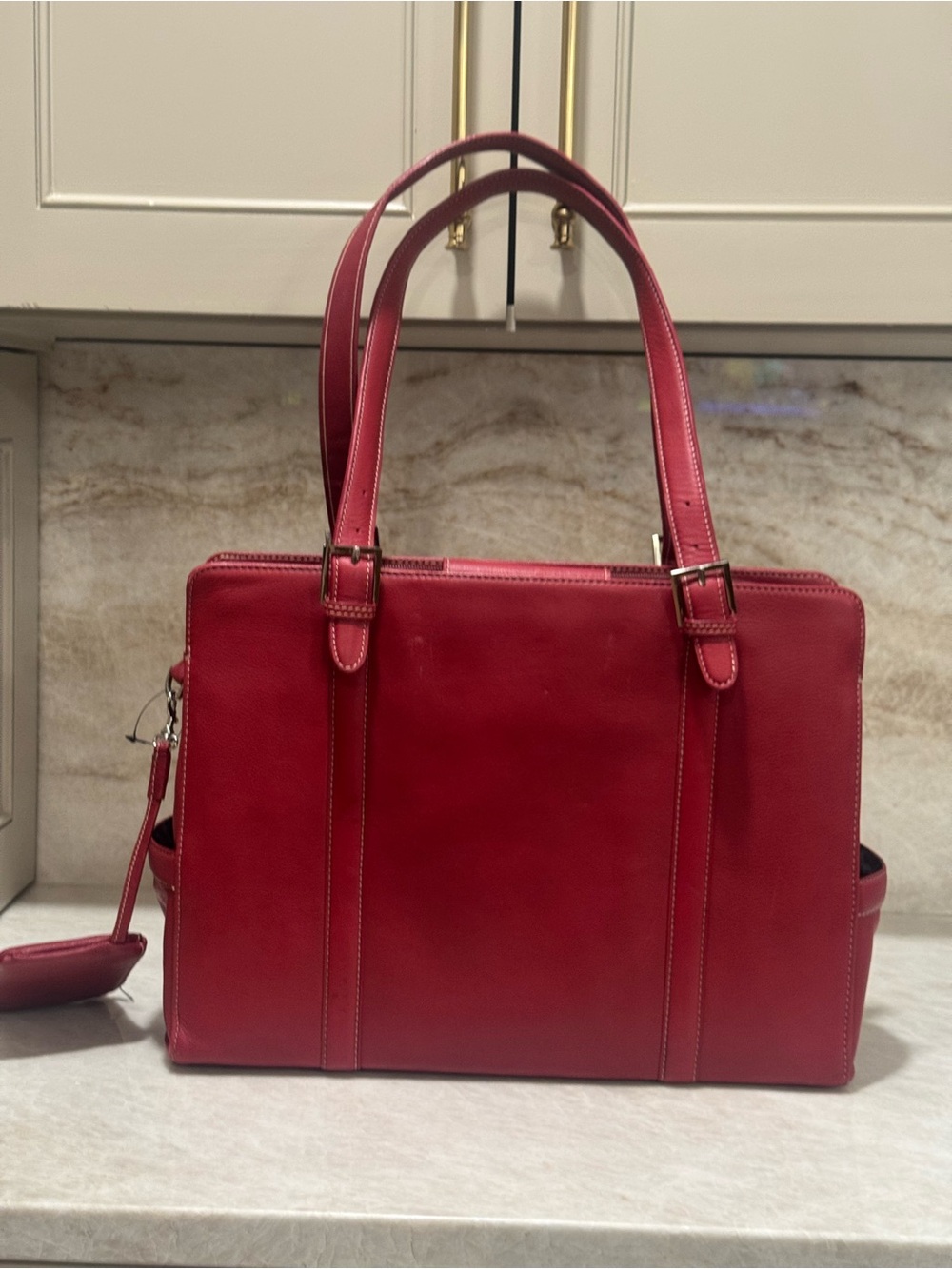 Franklin Covey Red Leather Laptop Tote Work Bag Briefcase Matching Pouch 16”